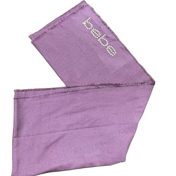 Bebe Cozy Soft Raw Edge Rhinestone Crystal Logo Scarf 68X20 Maroon Purple 68X20 - Picture 4 of 14